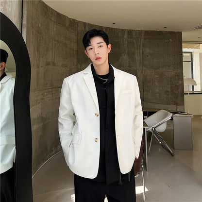 saferido Back Split Suit Jacket Men Solid Color Metal Chain Decor Blazer Spring Chic Loose Casual Black Male Handsome Stylish Blazers