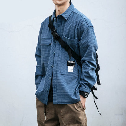 Japanese Streetwear High Quality Waffle Plaid Shirts Tops Spring Autumn Harajuku Loose Casual Coat Korean Clothes Men Clothing