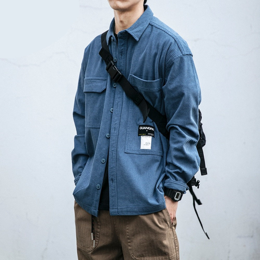 Japanese Streetwear High Quality Waffle Plaid Shirts Tops Spring Autumn Harajuku Loose Casual Coat Korean Clothes Men Clothing