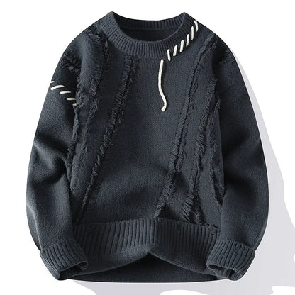 Man Panelled Contrast O-neck Sweater Autumn Winter Vintage Loose  Long Sleeves Knitted Pullover Fashion Casual Male Jumper