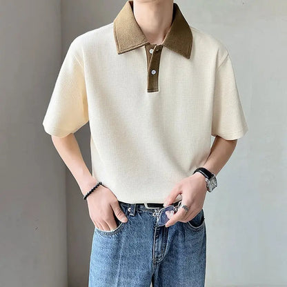 New High-end Korean Fashion Polo Shirts for Men Patchwork Waffle Lapel Buttons Short Sleeve T-shirt Men Summer Loose Polo Shirt