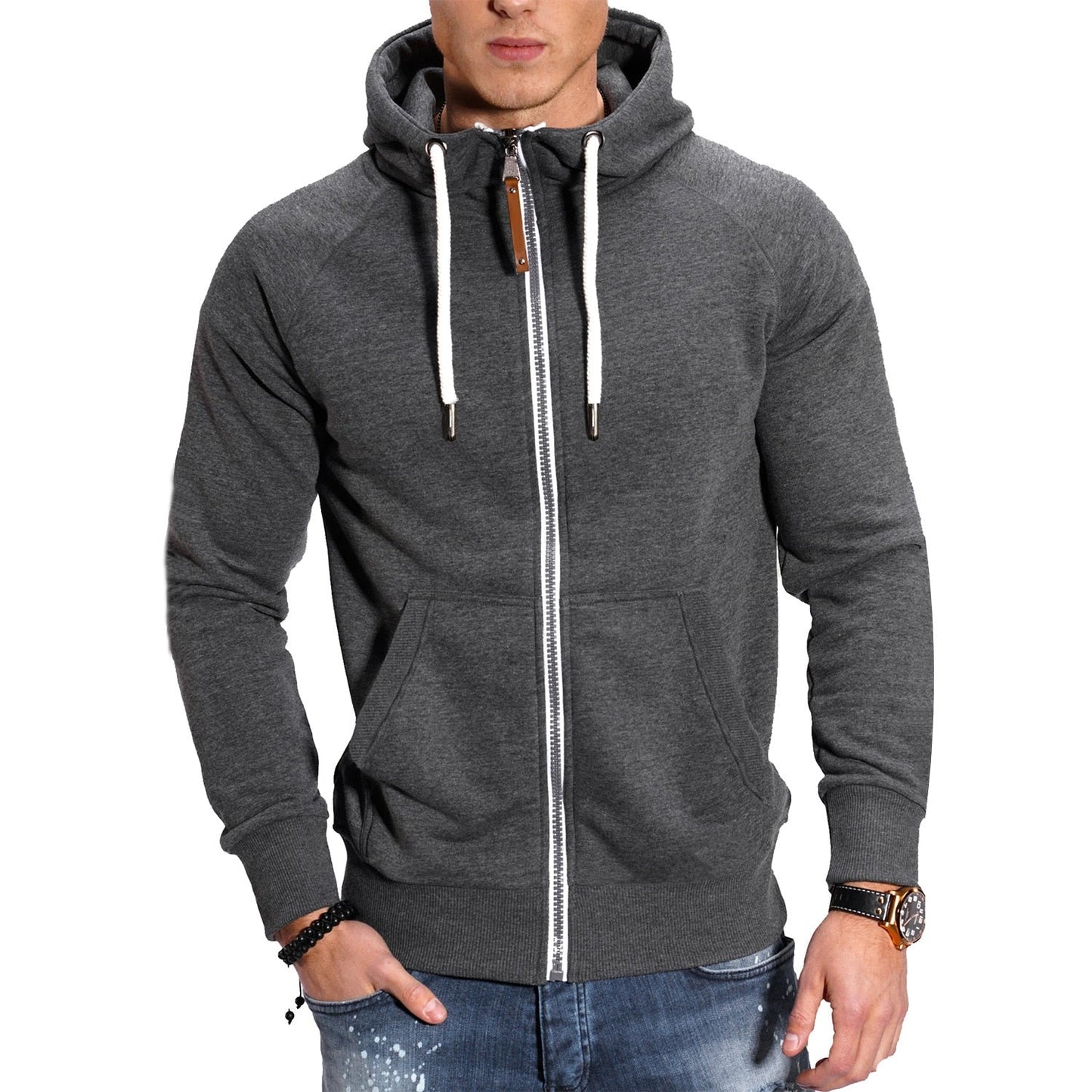 Autumn and Winter Men's Color Matching Sport Plus Fleece Cardigan Hoodie Casual Fashion European Code with Rotator Sleeve Coat
