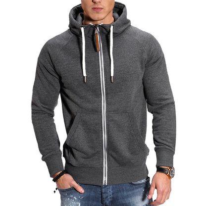 Autumn and Winter Men's Color Matching Sport Plus Fleece Cardigan Hoodie Casual Fashion European Code with Rotator Sleeve Coat