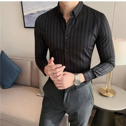 saferido  Masculina Spring Shirts Men Dress Vertical Stripe Streetwear Slim Men Shirt Casual Long Sleeve Chemise Homme Tuxedo Shirt