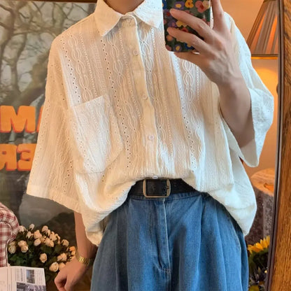 Summer Vintage Shirts Men Solid Color Japanese Style Chic Harajuku All-match Half Sleeve Teens Tops Unisex Hollow Out Design New