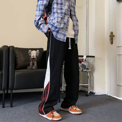 saferido American High Street Loose Straight Wide Leg Pants Men's Autumn Contrasting Stripes Drawstring Pockets Patchwork Sports Trousers