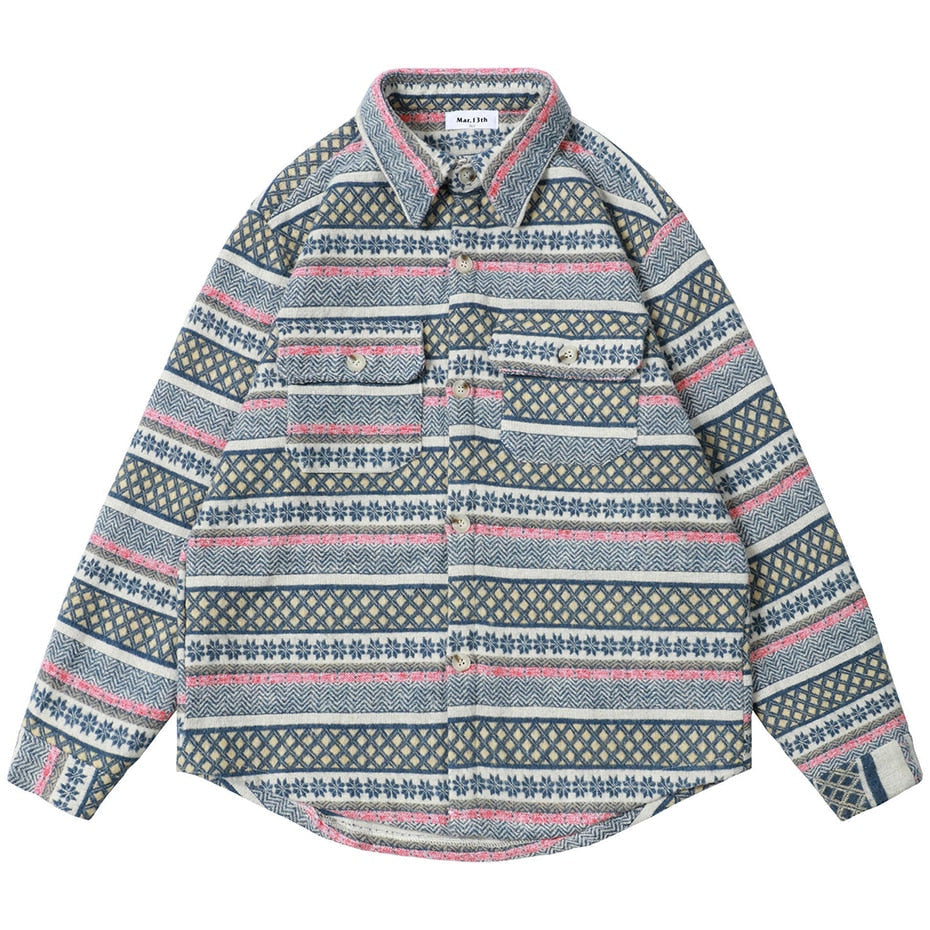 Winter Thicken Button Shirts Geometric Graphic Striped Nation Style Woolen Shirts Men's Autumn Button Up Blouse