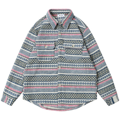 Winter Thicken Button Shirts Geometric Graphic Striped Nation Style Woolen Shirts Men's Autumn Button Up Blouse