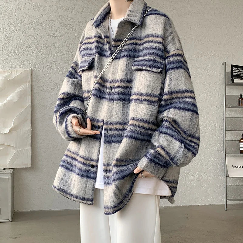 saferido Plaid Woolen Coat Men Warm Fashion Retro Thicken Woolen Jacket Men Streetwear Korean Loose Short Woolen Coat Mens Thick Jackets