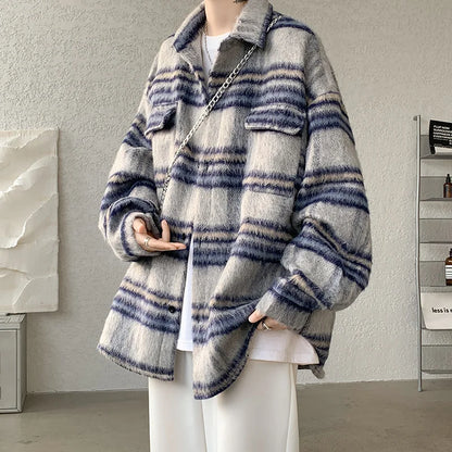saferido Plaid Woolen Coat Men Warm Fashion Retro Thicken Woolen Jacket Men Streetwear Korean Loose Short Woolen Coat Mens Thick Jackets