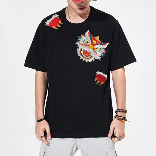 saferido Spring And Summer New Short-sleeved T-shirt Men's Round Neck Half-sleeved Lion Embroidery Loose Cotton Couple