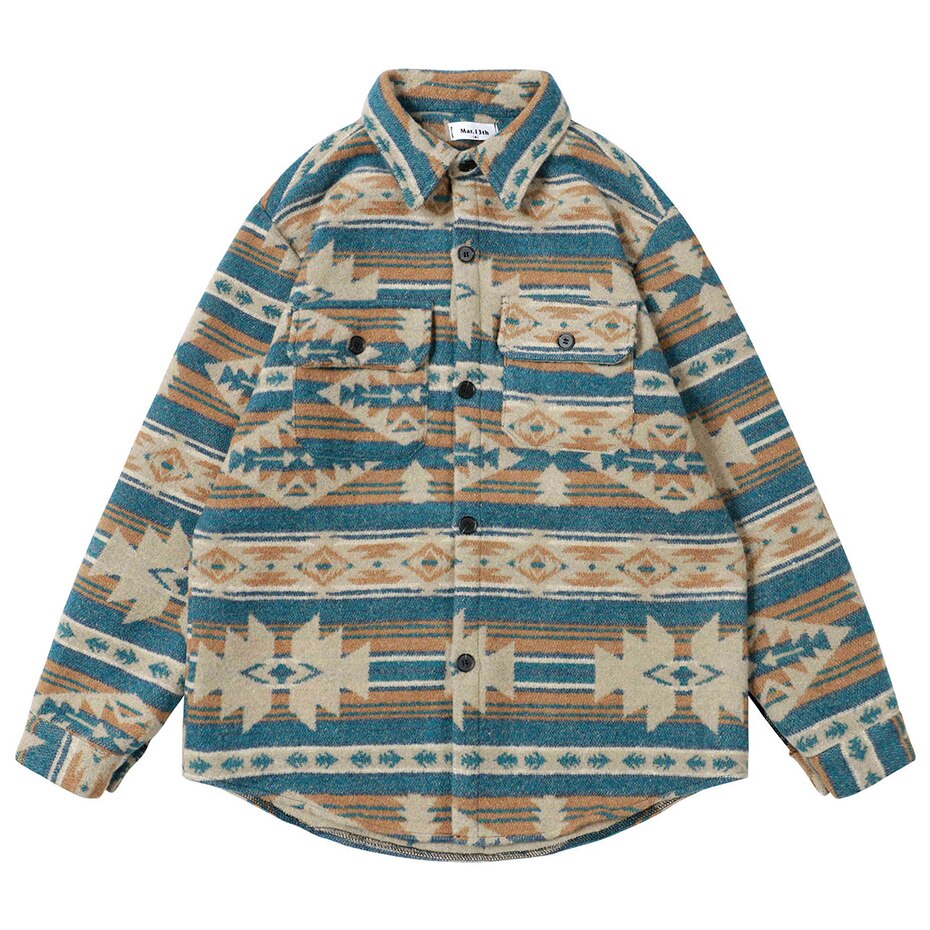 Winter Thicken Button Shirts Geometric Graphic Striped Nation Style Woolen Shirts Men's Autumn Button Up Blouse