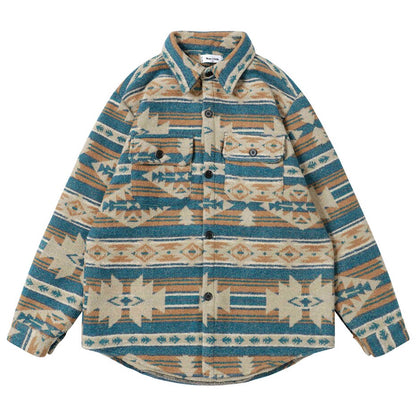 Winter Thicken Button Shirts Geometric Graphic Striped Nation Style Woolen Shirts Men's Autumn Button Up Blouse