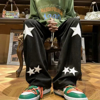 saferido Street American Vintage Print Star Casual Sports Pants Men Spring Autumn Pocket Elastic Waist Drawstring Loose Straight Trousers