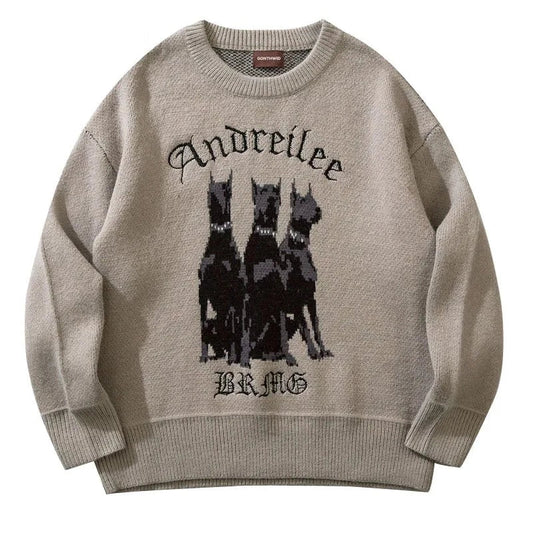 Men Vintage Sweater Y2K Streetwear Hip Hop Vintage Knitted Doberman Dog Sweaters Autumn Harajuku Fashion Retro Casual Sweaters