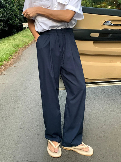 saferido  2024 Summer New Men's Casual Pants Korean Style Lazy Wind Solid Color Elastic Waist Trousers Lace-up Loose Straight