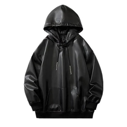 saferido Mens American Biker Y2k Pu Leather Hoodie Genderless Essential Loose Solid Color Trendy Street Hip-Hop Sweatshirt Unisex