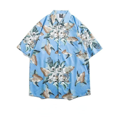Couple Japanese Shirt Harajuku Oversized Short Sleeve Shirt for Men Women Hawaiian Print Flower Shirt Geometric Streetwear
