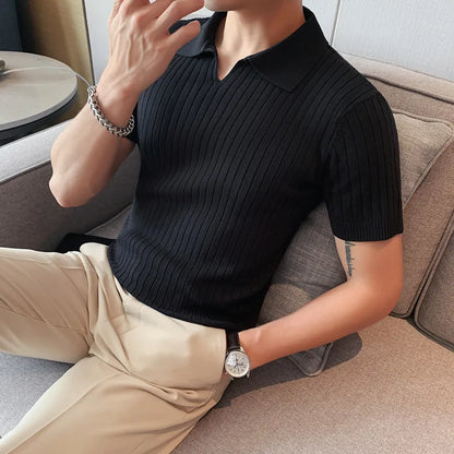 saferido  British Style Men's Summer Casual Short Sleeves Polo Shirts/Male Slim Fit High Quality Stripe Knitted V-neck Polo Shirts