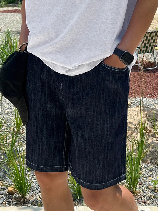 saferido 2024 Summer New Men's Denim Shorts Korean Style Elastic Waist Design Straight Trend Fashion Loose Casual Pants
