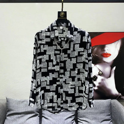 Men Spring Summer New Fashion Long Sleeve Casual Shirts Male Loose Print Blouses Men Button Up Ice Silk Thin Shirts
