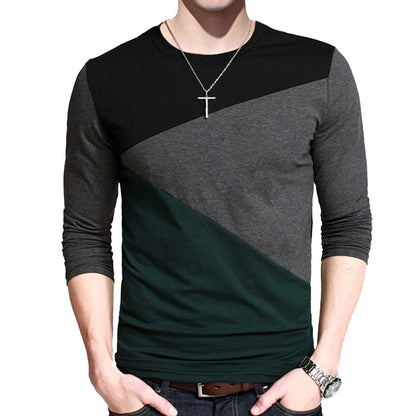 Autumn Korean Men T Shirt Vintage Style Patchwork Black&Gray O-Neck Long Tshirt Men Clothing Plus Size M-5XL