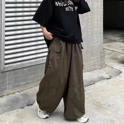 saferido Leg Men Casual Retro Wide Baggy Hip Oversize Japanese Loose Parachute Streetwear Hop Pants Cargo Male Trousers Vintage