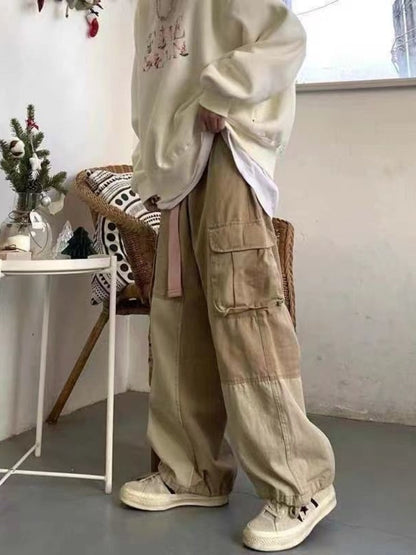 Vinatge Big Pocket Cargo Pants Men Spring Autumn Harajuku Japanese Loose Straight Wide-leg Casual Trousers Tactical Streetwear