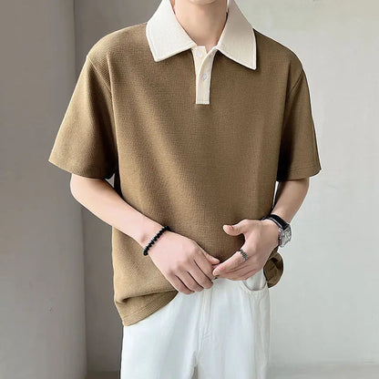 New High-end Korean Fashion Polo Shirts for Men Patchwork Waffle Lapel Buttons Short Sleeve T-shirt Men Summer Loose Polo Shirt