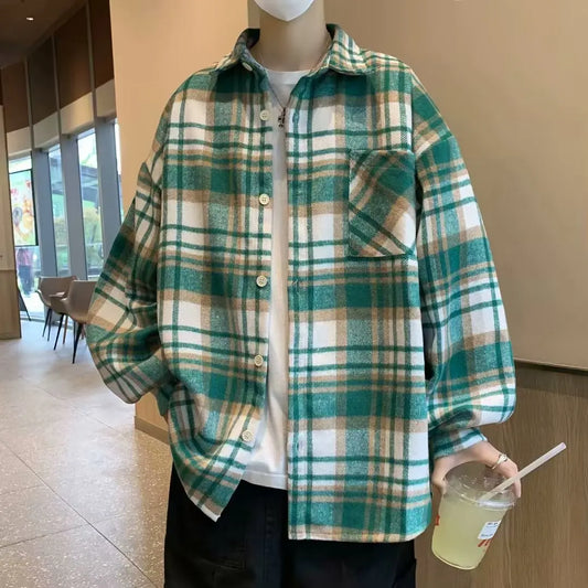 saferido Men 2024 Spring Summer Fashion Checkered Turn-down Collar Tops T-Shirt Men Clothing Casual Loose Long Sleeve Button Shirts