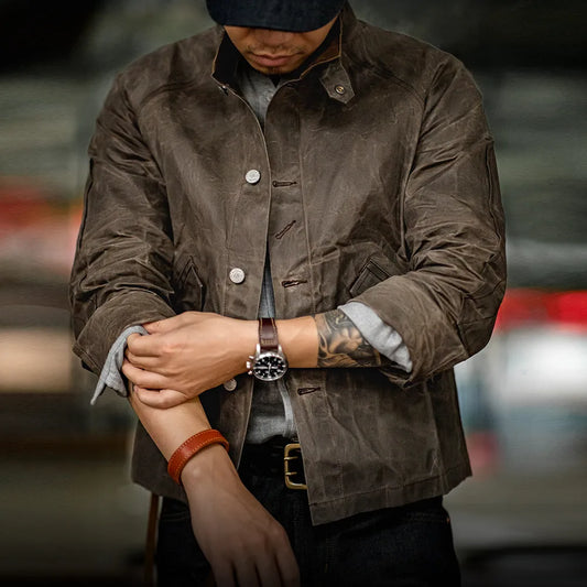 Stand Collar Oil Waxed Jacket Ⅲ New Version Men’s Jackets Dark Color Amekaji Waterproof Vintage Coat for Tough Guy