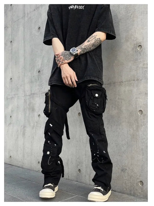 saferido Street Strap Speckled Ink Pocket Stereoscopic Cut Micro Horn Workwear Pants Hip Hop High Street Punk y2k streetwear Stacked Casual Pants