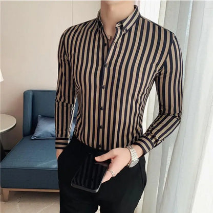 saferido  Masculina Spring Shirts Men Dress Vertical Stripe Streetwear Slim Men Shirt Casual Long Sleeve Chemise Homme Tuxedo Shirt