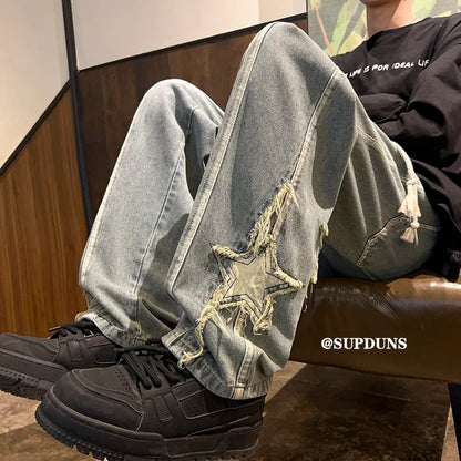 saferido Men's Casual Jeans Vintage Street Style Straight Leg Jeans Star Patch Denim Pants 2024 Korean High-street Versatile Jean