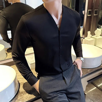 saferido Men V-neck Long Sleeve Shirt New British Style Solid Casual Slim Fit Camisas Blusas Formal Dress Shirts Homme Men Clothing