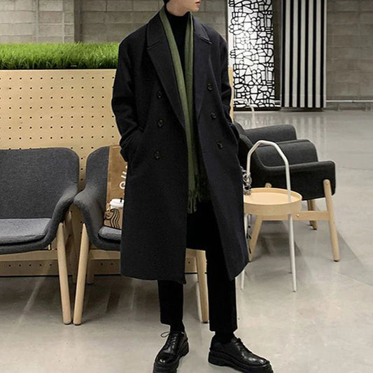 saferido Mens Double-Breasted Mid-Length Coat Autumn Winter Genderless Korean Style Fashion Commuter Thickened Elegant Retro Coat Unisex