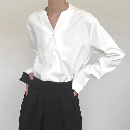 saferido Mens Casual V-Neck Long-Sleeved Shirts Genderless 2024 Spring Summer New Fashion Solid Color Versatile Youth Trend Tops Unisex