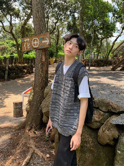 saferido Man Clothes Waistcoat Vest Knitted Sweaters for Men Sleeveless V Neck Pink Japanese Harajuku Fashion Korean Autumn Wool Fun