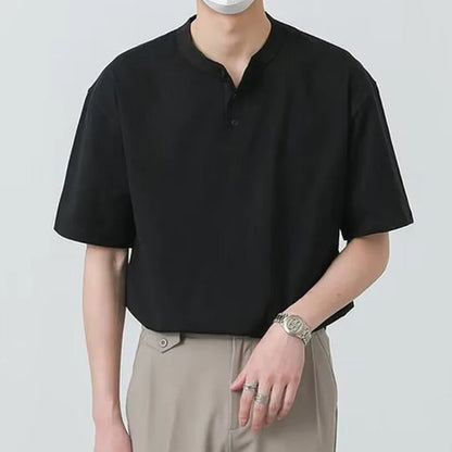 Men's Clothing Luxury Henry Collar T-Shirt Vintage Casual Button-down Solid Color Short Sleeve Tees for Men Breathable Leisure