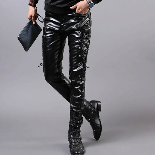 saferido Men's Fashion Leather Pants Tight Elastic Tie Cord Punk PU Pants Men's Motorcycle Pants Thin Style