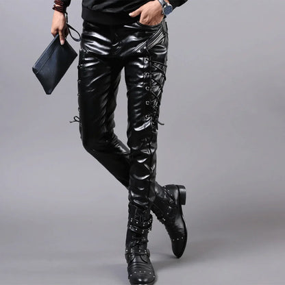 saferido Men's Fashion Leather Pants Tight Elastic Tie Cord Punk PU Pants Men's Motorcycle Pants Thin Style