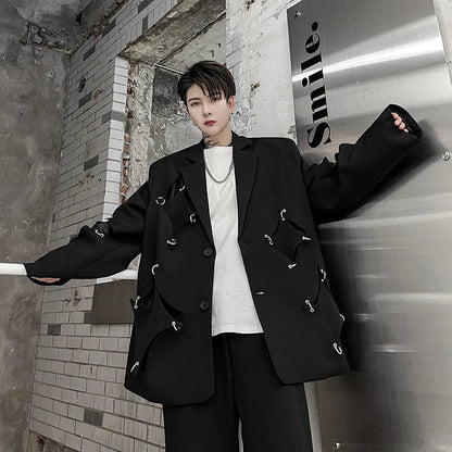 saferido Korean Street clothing fashion Spring Men's Irregular Hole Suit Dark Black Male Blazers Korean Fashion Lapel Outwear