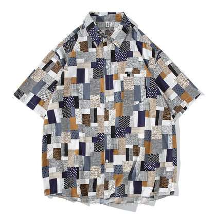 saferido Korean Mens Vintage Short Sleeve Dress Shirt Trend Couple Hawaiian Loose Print Blouses Shirts 2024 Summer Designer Men Clothing