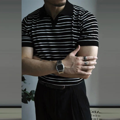 Vintage Striped Knit Polo Shirts Men Short Sleeve Casual Tops Spring Summer Mens Fashion Buttoned Turn-down Collar Slim T Shirt