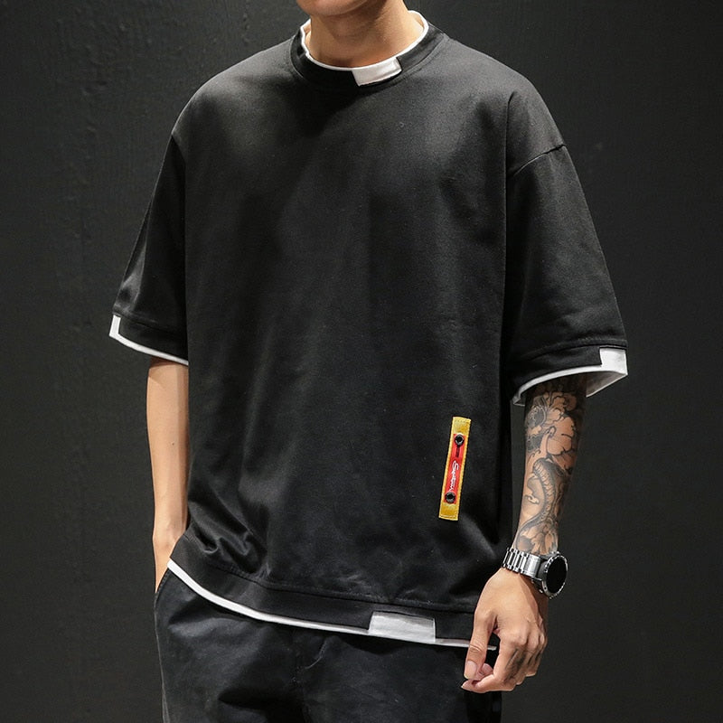 New Summer Men's T Shirt Fashion Patchwork Short Sleeve T Shirt Mens Cotton Oversized Casual O Neck Streetwear Hip Hop Top Tees