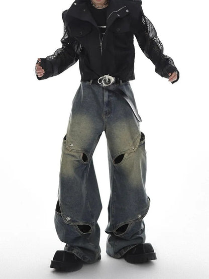 Wide Leg Jeans Pants Men Streetwear Baggy Distressed Denim Trousers Male Oversize Hollow Out Casual Korean Hip Hop