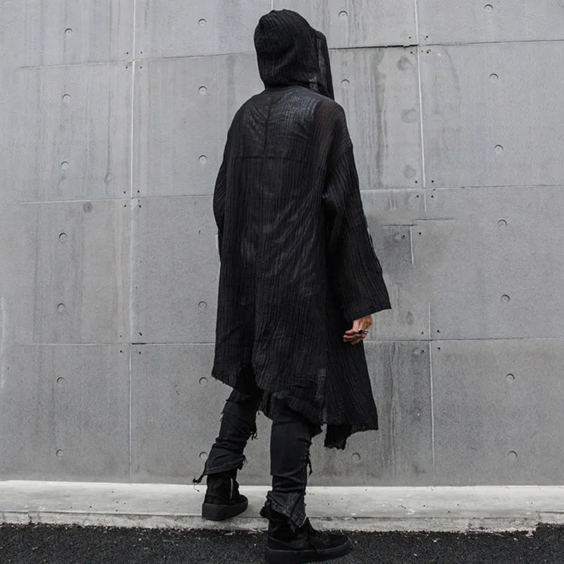 saferido Spring and Summer Men's Black Harajuku Mid Length Loose Casual Long Sleeve Shirt Stage Costume Halloween Costume