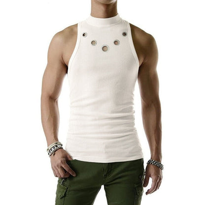 Men Tank Tops Hollow Out Solid Turtleneck Sleeveless Fashion Male Vests Streetwear Summer Casual Men Clothing S-5XL INCERUN