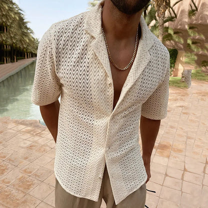 saferido Spring Summer Fashion Hollow Out Knit Shirts Men Solid Color Short Sleeve Button Lapel Tops For Mens Clothes Leisure Shirt