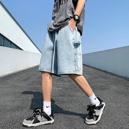 saferido Korean Style Summer Men's Blue Baggy Denim Shorts New Street Apparel Workwear Large Pocket Wide Leg Denim Shorts Blue